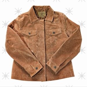 VINTAGE WOMENS OCHRE TAN SUEDE 100% LEATHER JACKET SZ L/XL WESTERN BUTTON DOWN